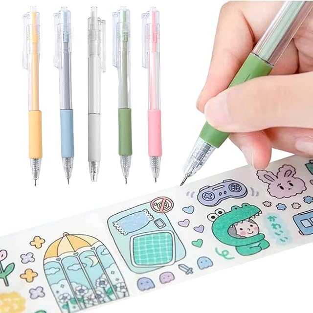 yingzi 5 Pcs Decoupage Utility Knife, Automatic Press Knife, Art and Craft Blade Cutting Precision Knife Cutting Ruler Tool for Craft, Scrapbook, Template-Only Pen