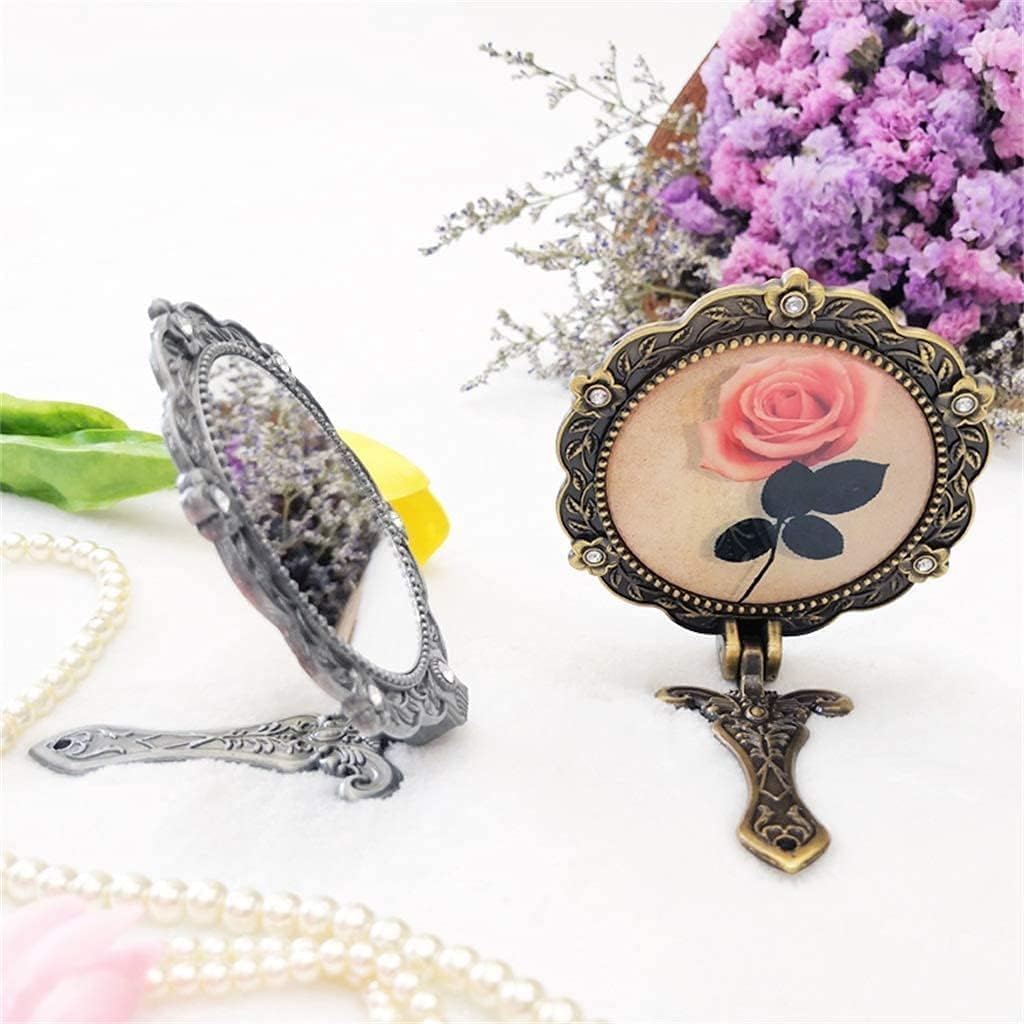 Vintage Hand Mirror,Hand Held Mirrors, Dressing Table Mini Vintage Round Metal Mirror Fold Antique Hand Held Embellished Creative