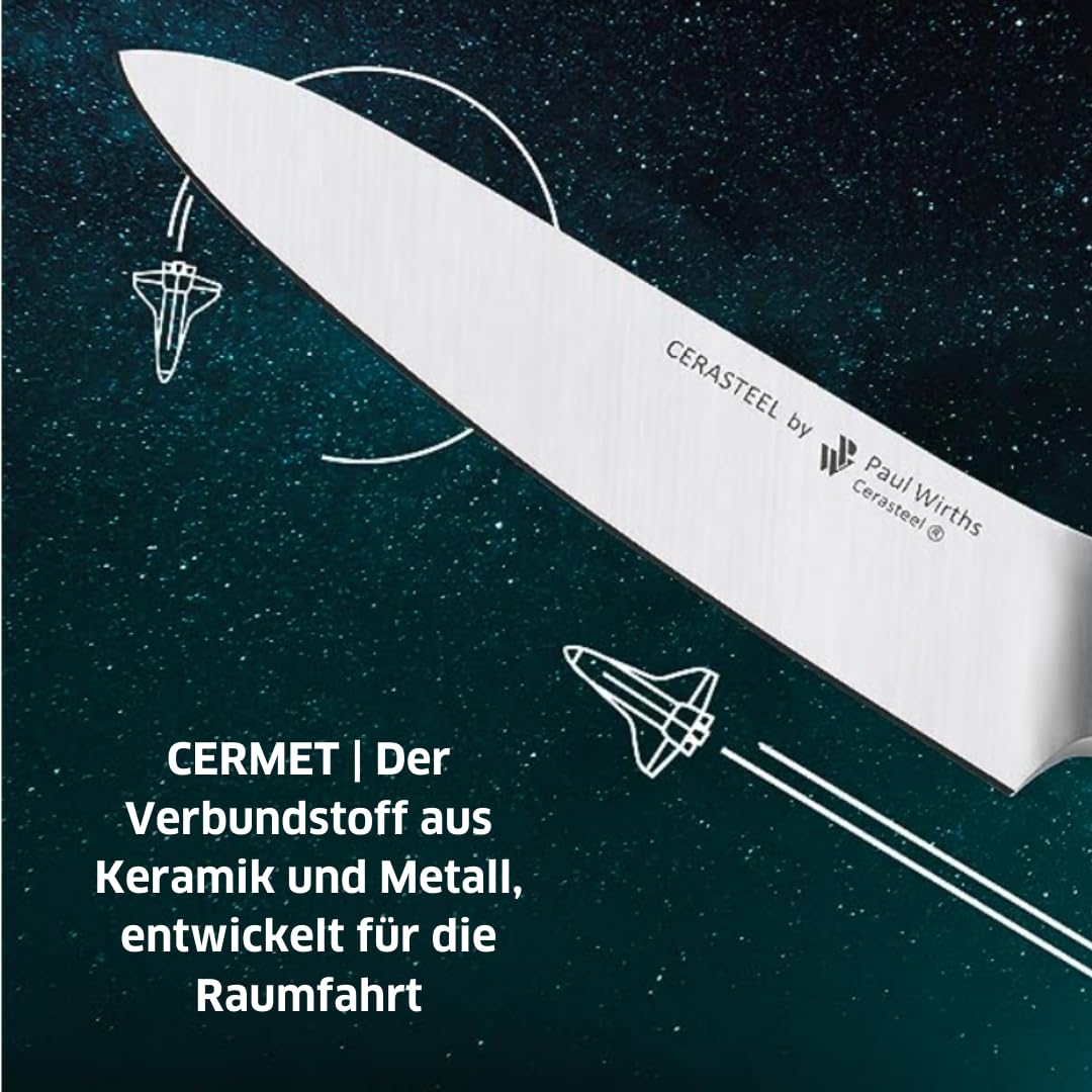 Paul Wirths Cerasteel Brotmesser, 20 cm, Keramik, Wellenschliff | Das Brotmesser überzeugt mit bruchfester Klinge, 62 Rockwell, G10-Fiberglas-Griff aus der Luft- und Raumfahrtforschung