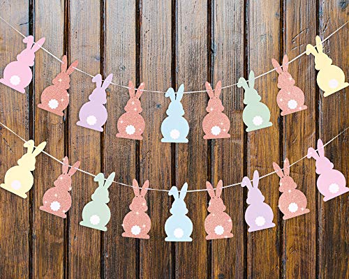 Whaline Easter Bunny Banner Decoration Glitter Colorful 20 Rabbits Paper Garland Banner Pre-Assembled for Wall Fireplace Shelf Mantle Display Indoor Outdoor Decoration for Home Spring Party Supplies
