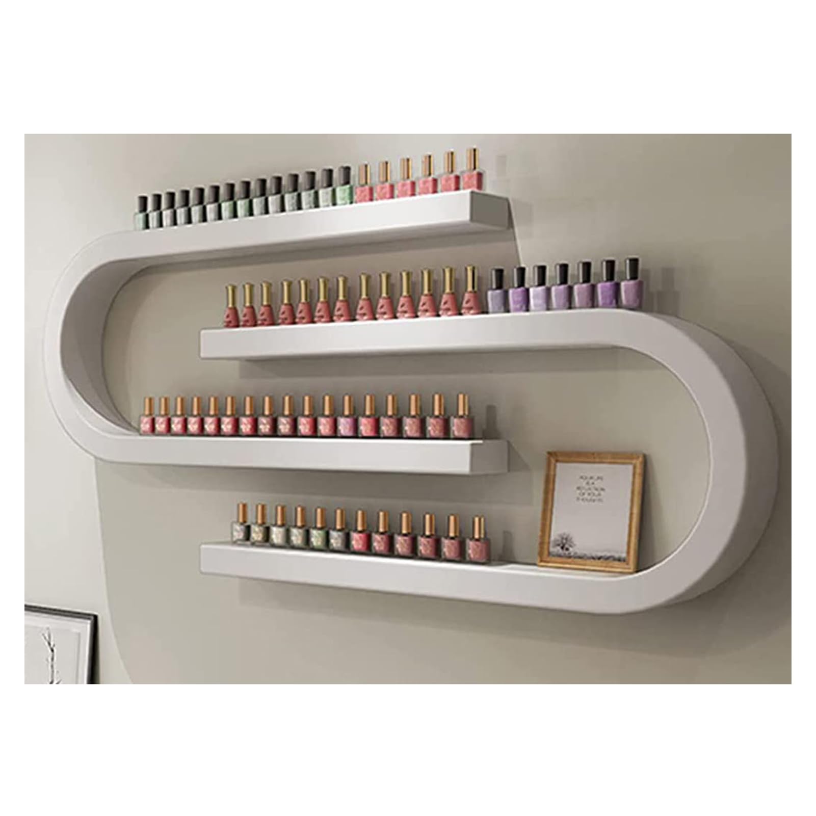 JTWWDM Metal Nail Polish Organizer Wall Mounted, Black U-Shaped Essential Oil Perfume Storage Rack, 4 Tiers Lipstick Display Case Cosmetic Display Shelf,White,2P