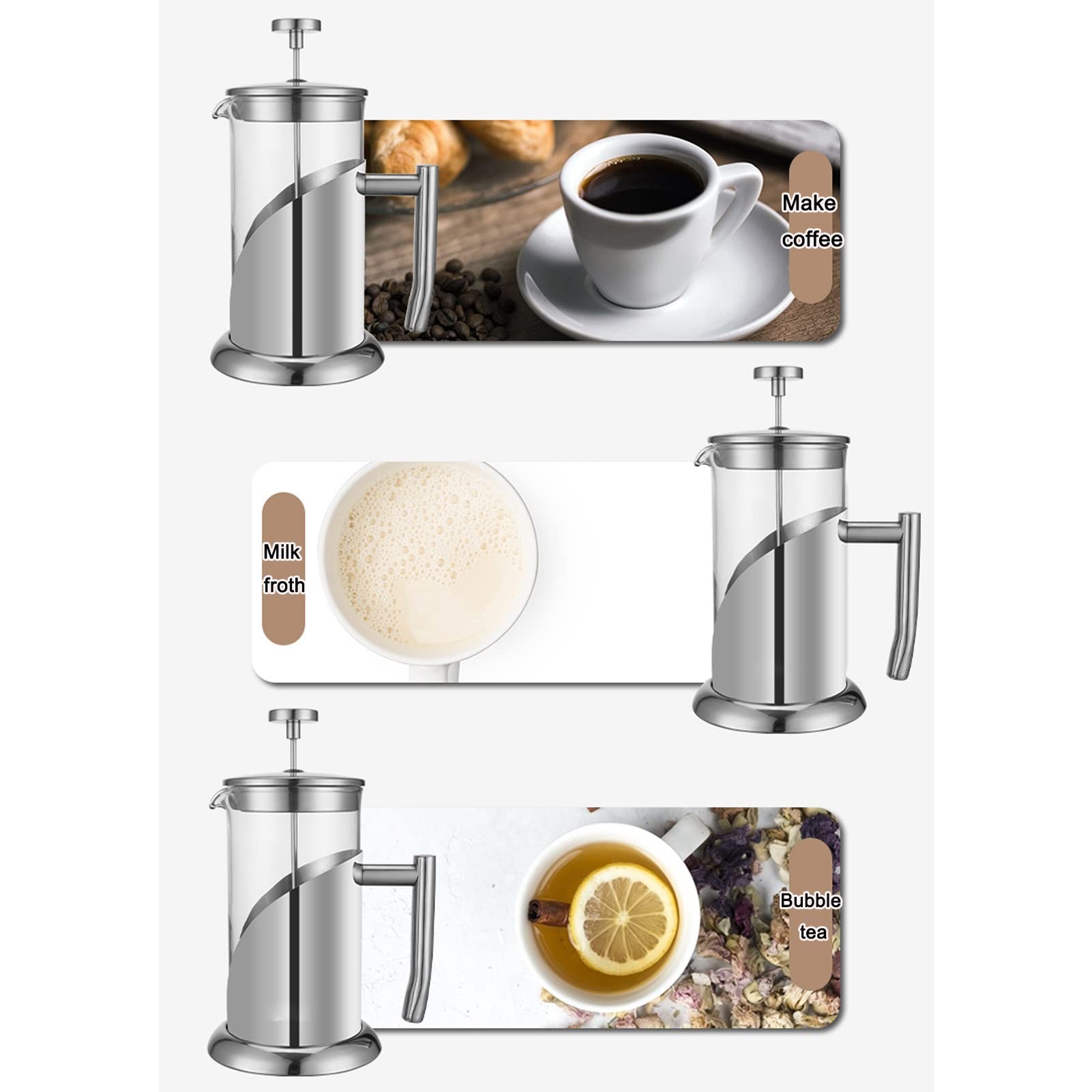 Cafetera Émbolo,Cafetera Francesa De Acero Inoxidable De 304 Grados Con 3 Filtros,Vidrio Borosilicato Cafetera De Piston Tetera,Resistente Al Calor Duradera,Soporte Extraíble Para Una Fácil Limpieza
