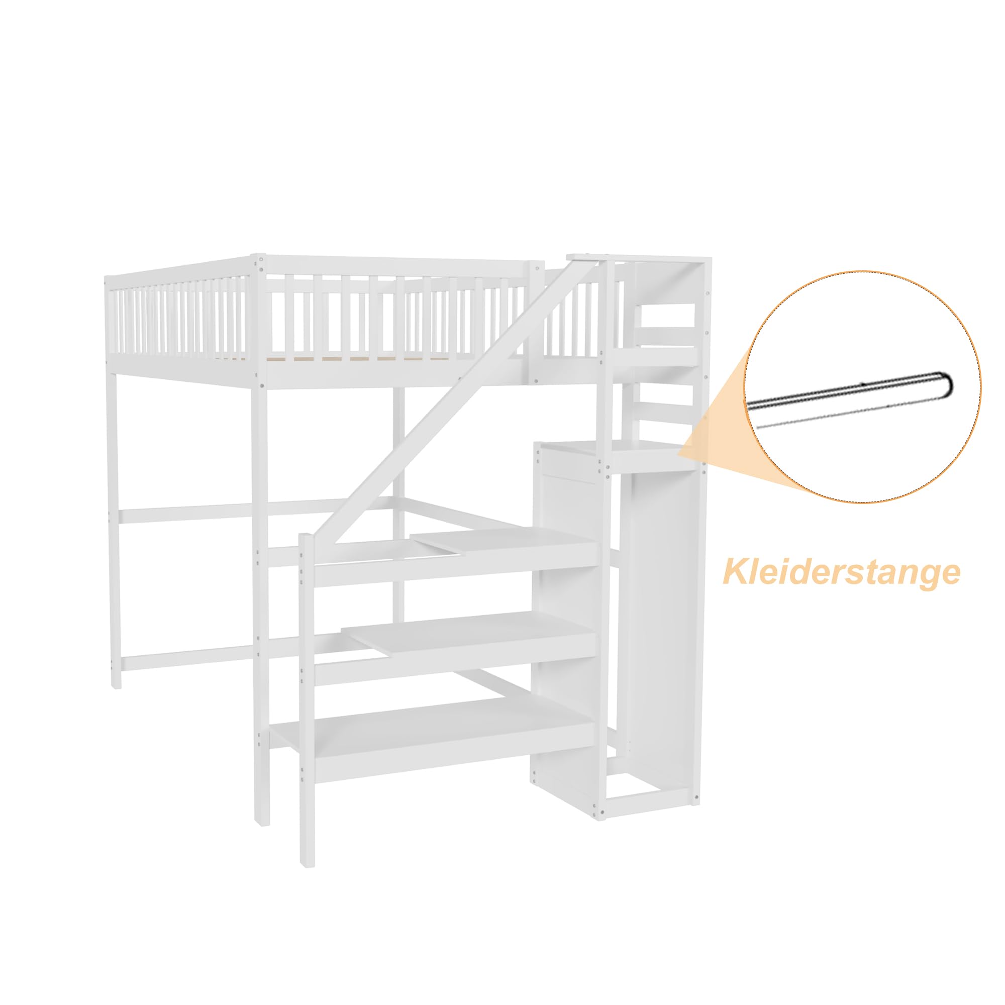 Azkoeesy Cama Alta Juvenil 140x200 cm en Madera de Pino Blanca, Escala Integrada Ahorra Espacio, Armario, Barandilla de Seguridad y Somier, para Niños y Adolescentes