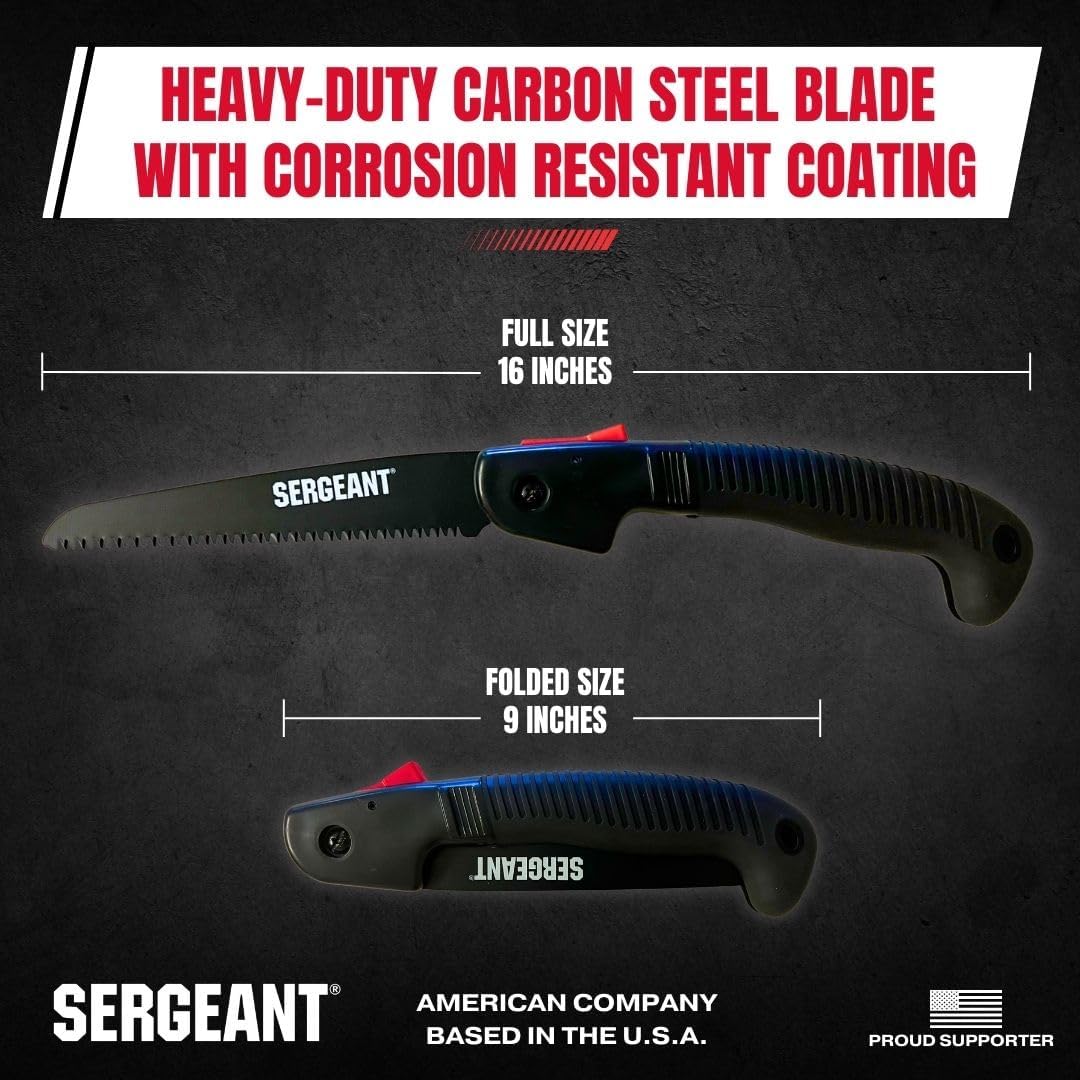 SERGEANT Folding Hand Saw with Pouch. Pruning hand saw. Best for Wood, Bone, PVC, Tree Pruning, Gardening, Camping, Hunting, Outdoors, Tool Box. Rugged 7" Steel Blade & Slip-Resistant Rubber Grip.