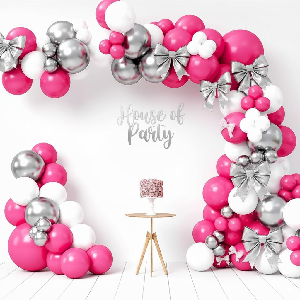 HOUSE OF PARTY Pink Party Decorations - Pink White Silver Balloon Arch Kit 18/12/10/5 Inch | Backdrop for Valentines, Bachelorette, Gilrs, Women