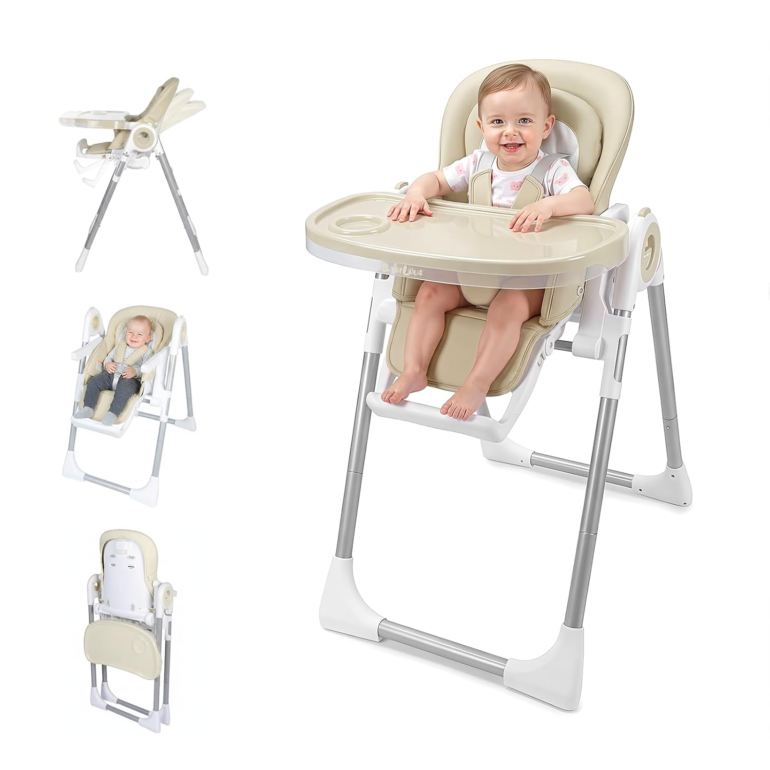 High Chair, Foldable High Chairs for Babies and Toddlers, Ultra Safe for Infant with Lockable Wheels, Easy Clean, Removable Tray/Adjustable Footrest for Baby Feeding HighChair, Cream