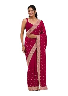 Priyashi Art Women Vichitra Silk Embroidered Border with Unstitched Piece | Latest Bollywood Sari | New Blouse| Designer Saree - Amazon product rated Grade B