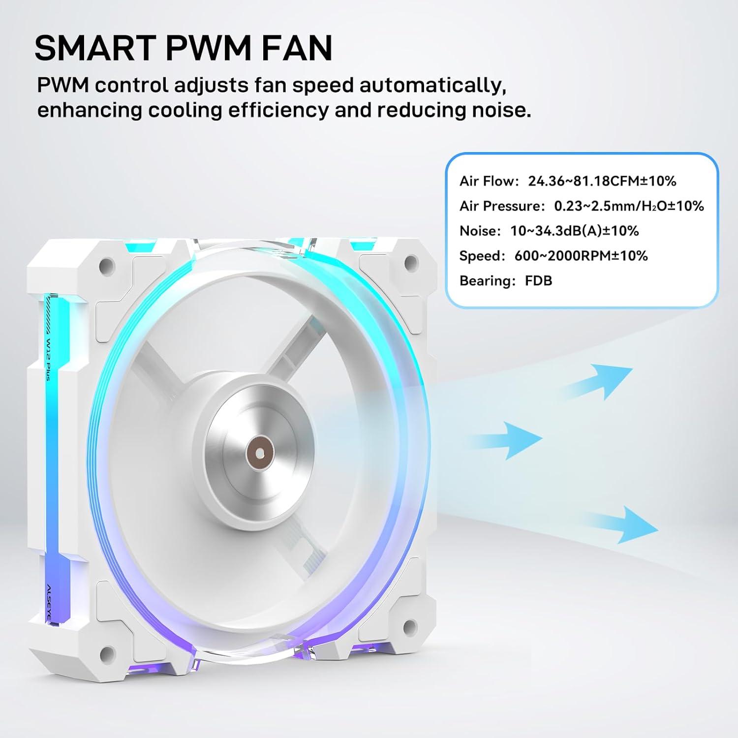 ALSEYE W12 Plus ARGB PC Case Fan 120mm Sickle-Shaped Blades for Superior Balance FDB Bearing 2400RPM High Performance Frame Lighting 4-Pin PWM & 3-Pin ARGB Sync (White, Reverse)