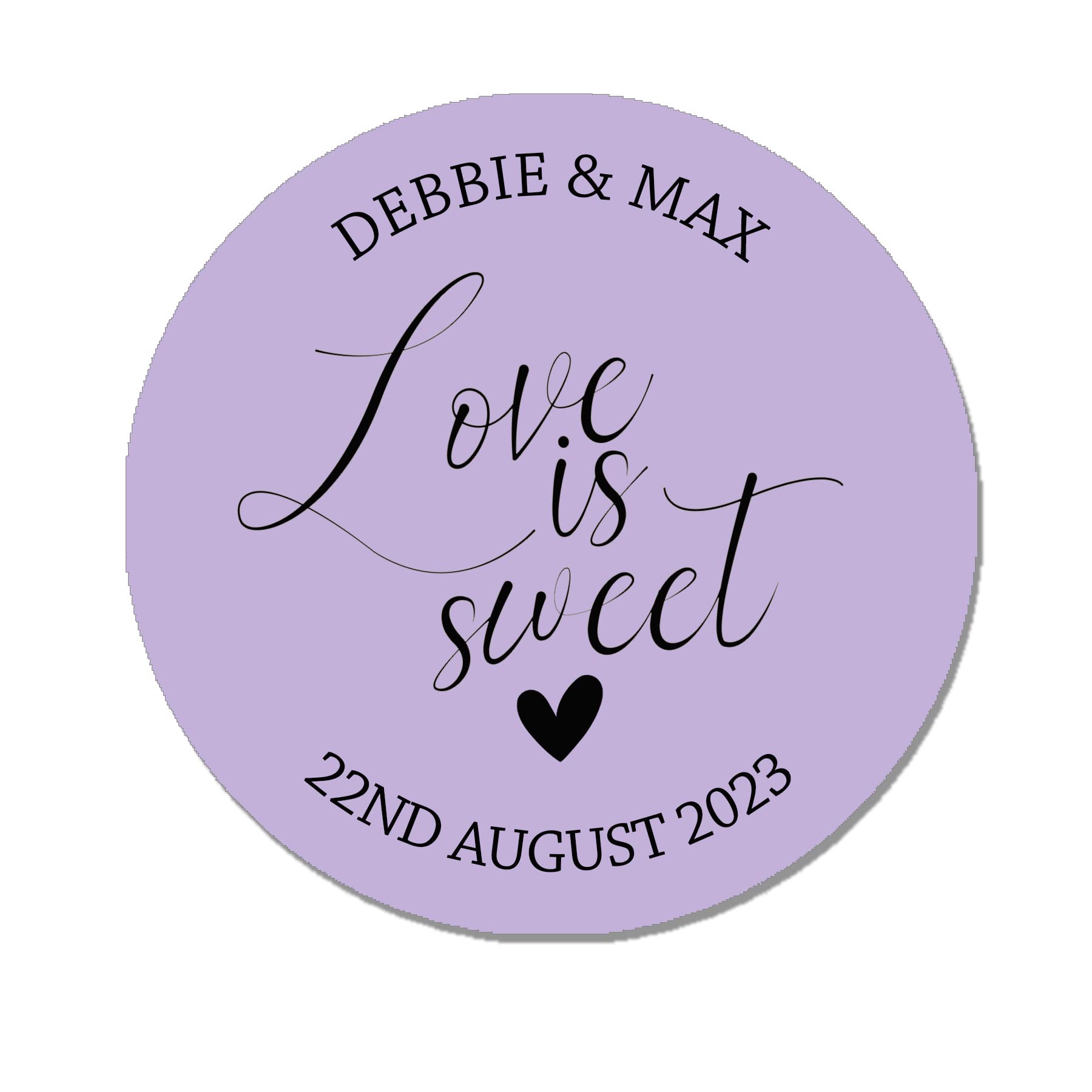 35 x Treasured Forever Personalised Love is Sweet Wedding Floral Effect Favour Round Stickers (37mm) (Purple)