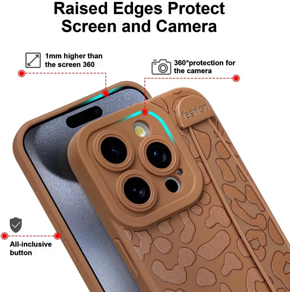 Silicone Case for iPhone 15 Pro with Finger Hand Wrist Strap Kickstand Stylish Leopard Cheetah Phone Case for Women Men Slim Shockproof Protective Cover, Brown - Image 3