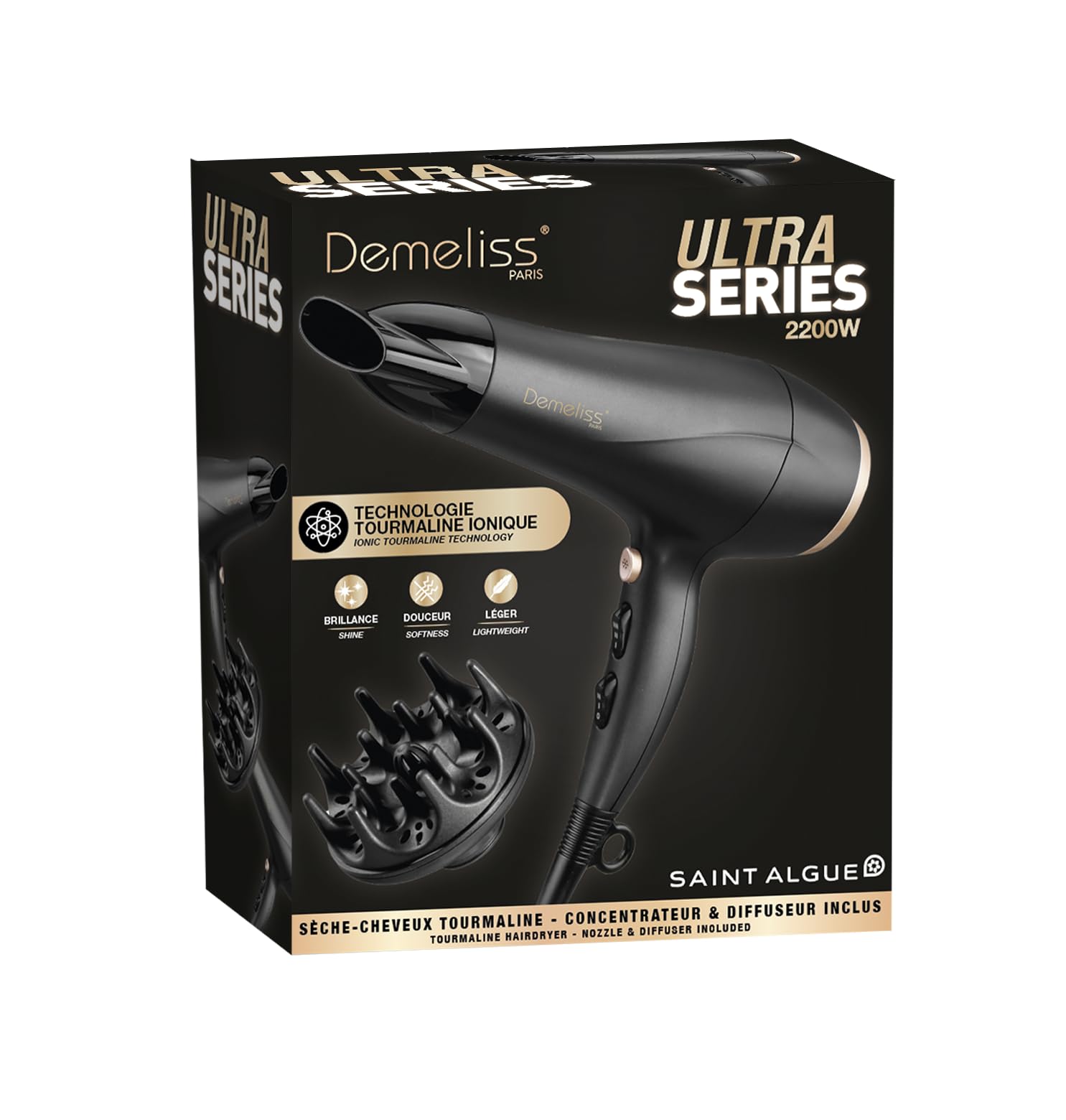 Demeliss Saint Algue Sèche Cheveux 2200W – 2 Vitesses, 3 Températures – Technologie Tourmaline Antifrisottis – Concentrateur, Diffuseur Inclus – Léger Et Puissant – Accessoire Coiffure Brillante