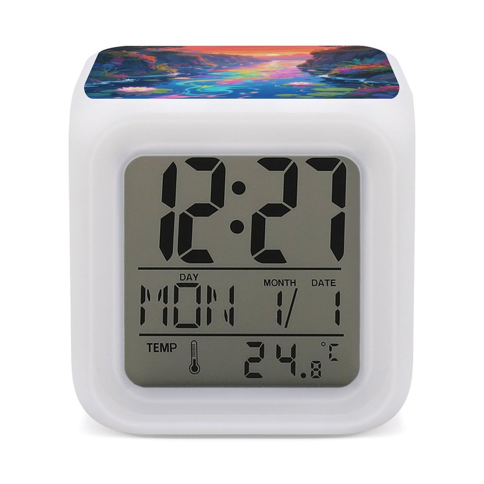 VstaDank Shining River Alarm Clock with Date Temperature Large LED Display Number Clocks with 7 Colors Changing Desk Clock Battery Operated Digital Clocks with Date for Heavy Sleepers