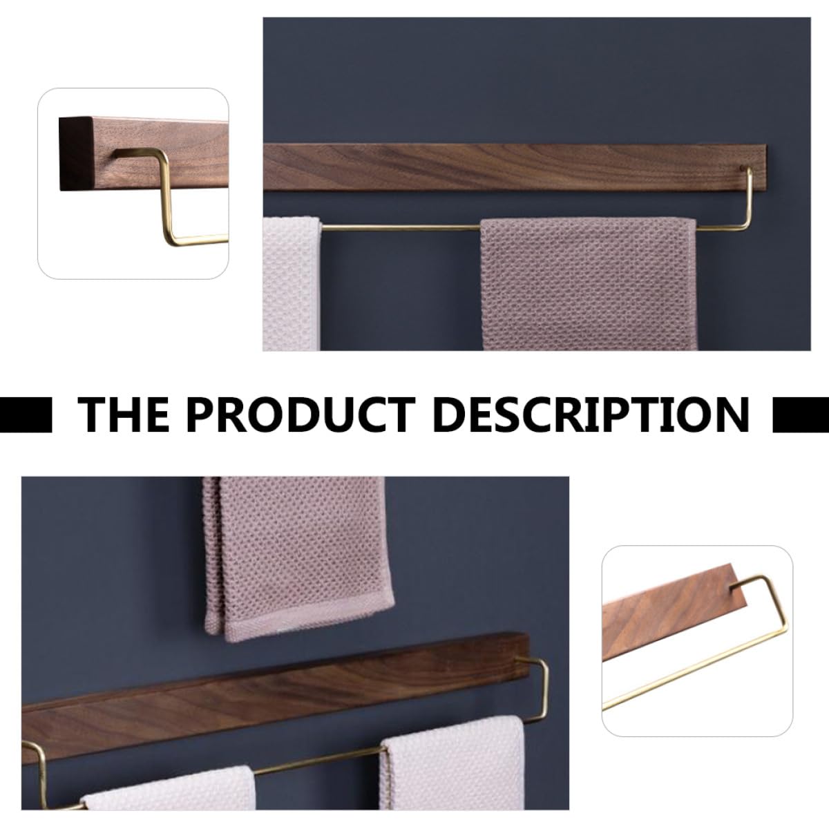 Estante para Toallas de Madera Maciza Nogal Oscuro Función de Almacenamiento, Toallero de Pared Grande para Baño y Cocina sin Taladro