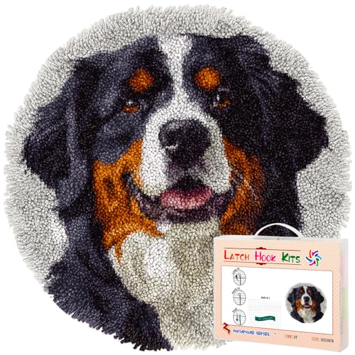 Latch Hook Rug Kit Bernese Mountain Dog Stamped Handmade Round Shape Carpet Crochet Yarn Craft DIY Hook and Latch Door Mat Tapestry for Christmas Home Floor Decor 50x50cm(1)