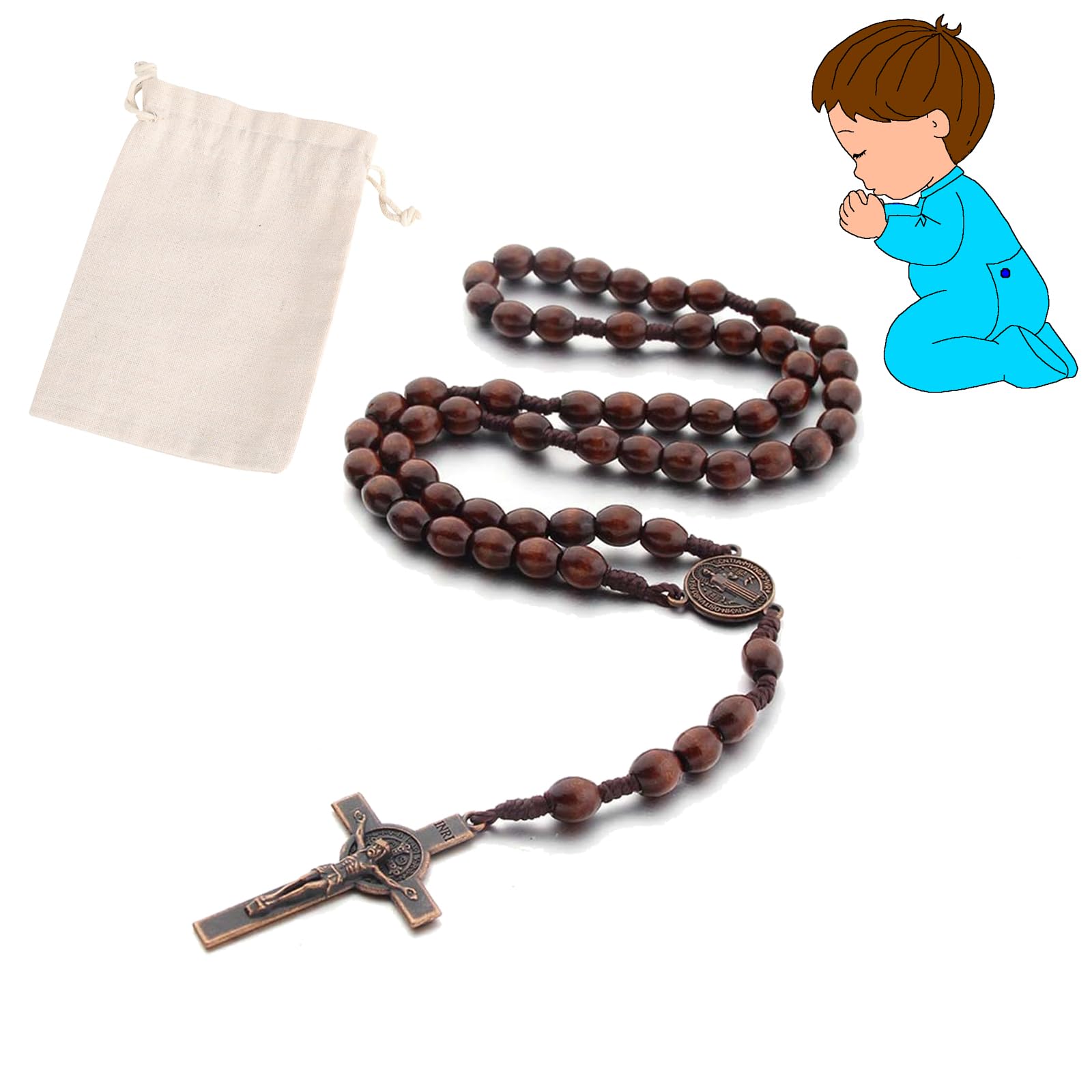 Catholic Cross Rosary Necklace, Catholic Men, Wood Prayer Beads for Girls Boys Religious Communion, Baptism