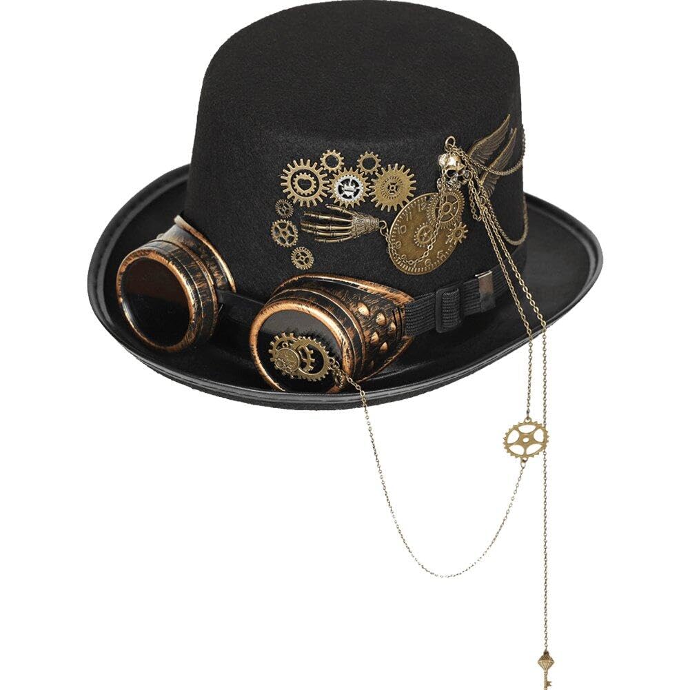 Casiler Black Steampunk Hat With Goggles Retro Gear Chain Jazz Hat Halloween Carnival Party Cosplay Costume