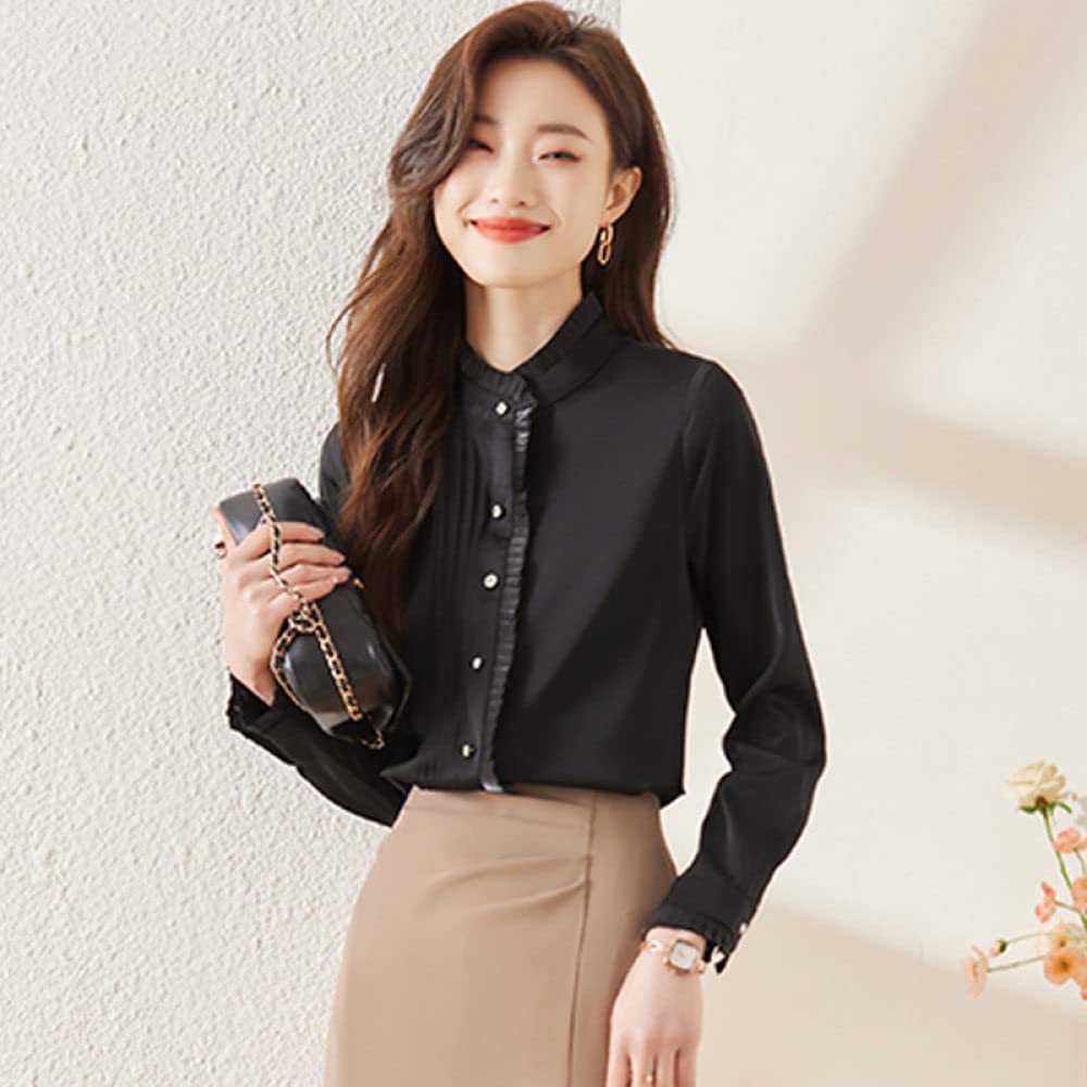 Langarmshirt Damen,Damen-Chiffonhemd Schwarz Rüschen Geraffte Nähte Streifen-Design Elegante Alltags-Freizeitbluse Langarm-Button-Down-Blusen Lässige Tunika-Oberteile