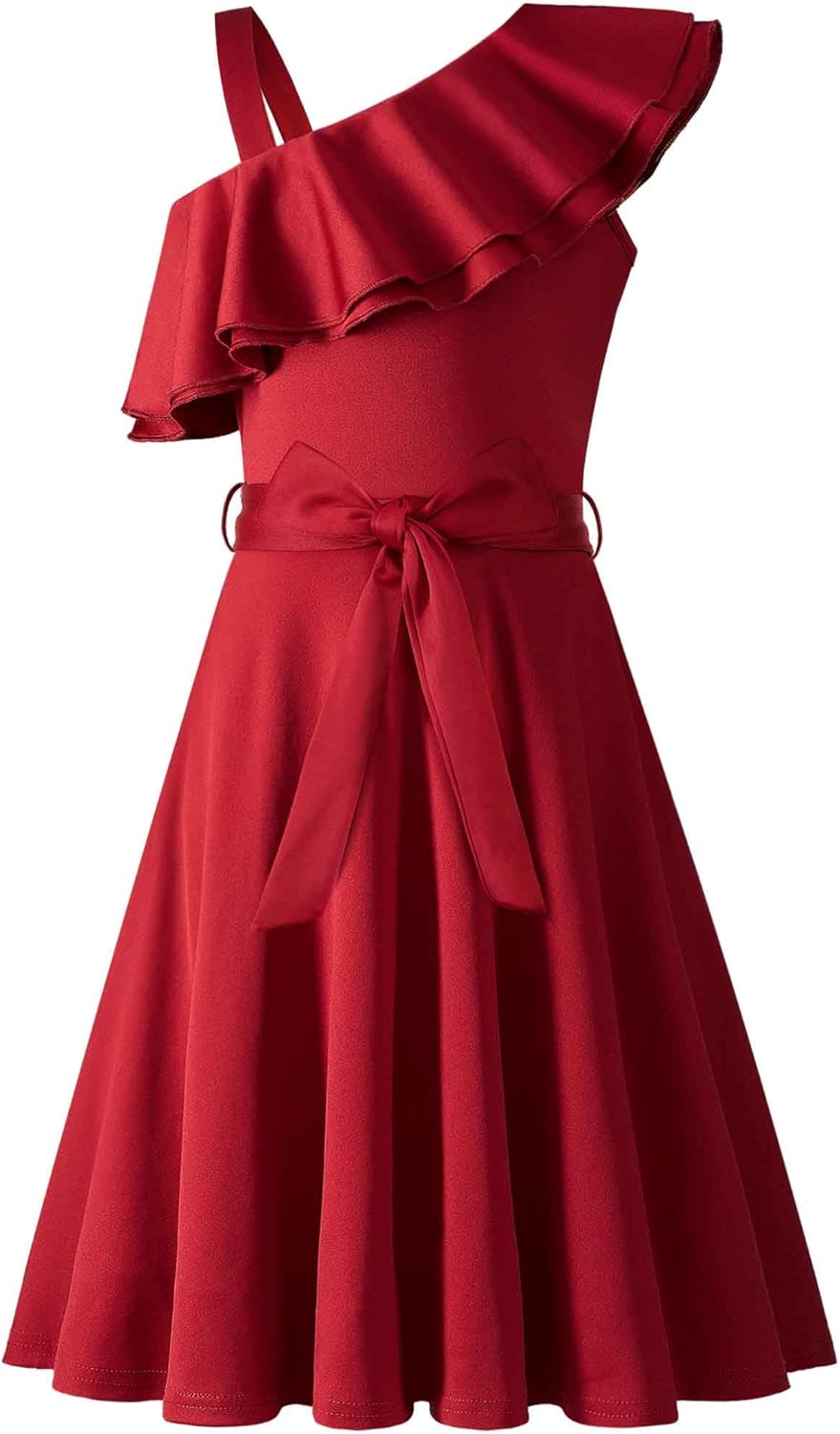 Arshiner Girls Dress One Shoulder Formal Ruffle Trim Birthday Party Dresses with Belted Pockets for 5-12 Years