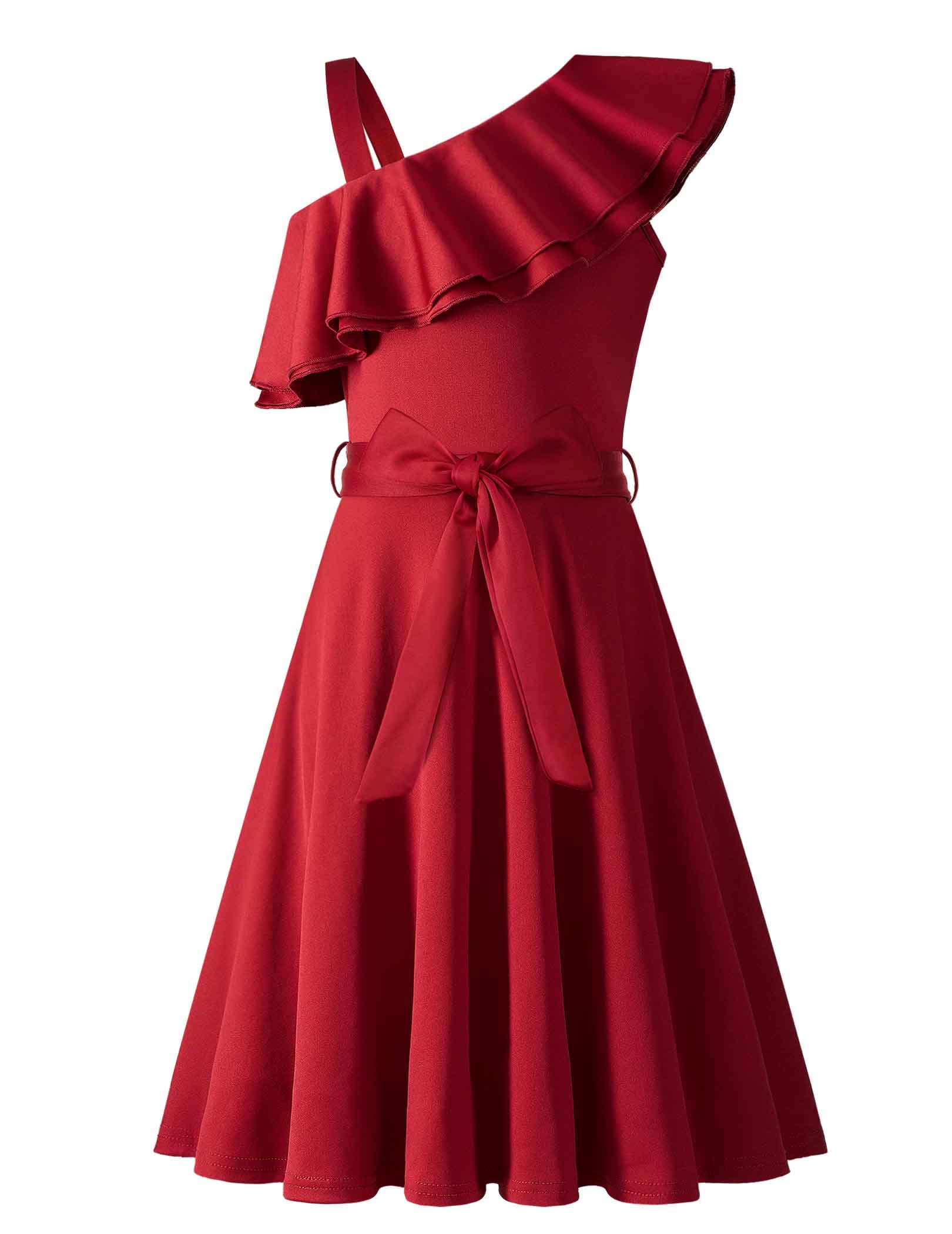 Arshiner Mädchen Kleider Eine-Schulter Kinderkleider Sommer Festliches Kleid Rüschenkragen Elegant Partykleider Swingkleid mit Gürtel ärmelloses Kleid für Mädchen 5-6 Jahre Dunkelrot