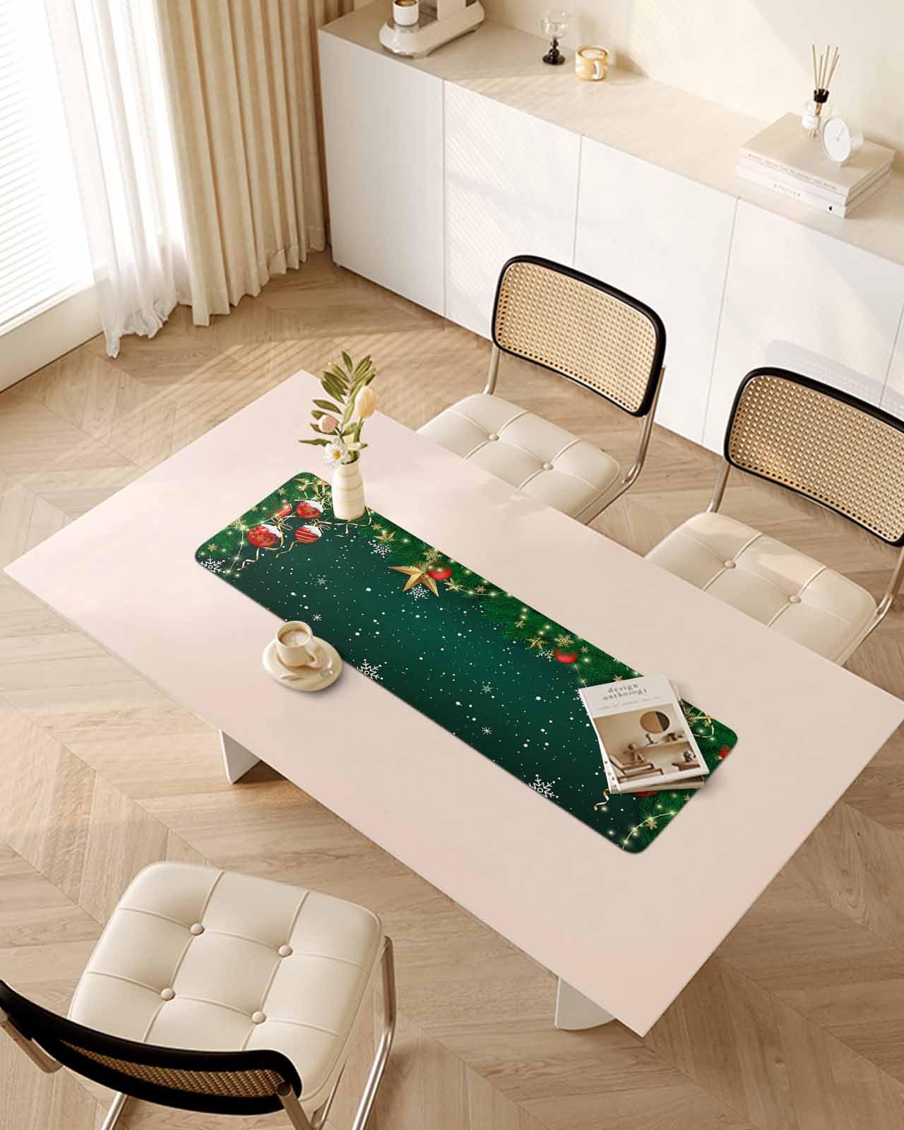 Debedcor Heat Proof Table Pads Waterproof Decorative, Green Christmas Ball Non-Slip Table Countertop Protector, Winter Xmas Trees Snowflake Insulation Mat for Kitchen Room, 40 x 12 Inches