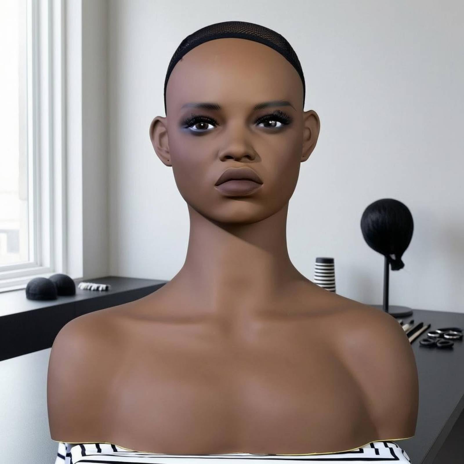 Tête de Perruque, Tête Mannequin Femme avec Épaules | Surface Lisse Tête Mannequin Perruque Brun Foncé d'affichage, support de perruque pour présentation de chapeaux et chapeaux