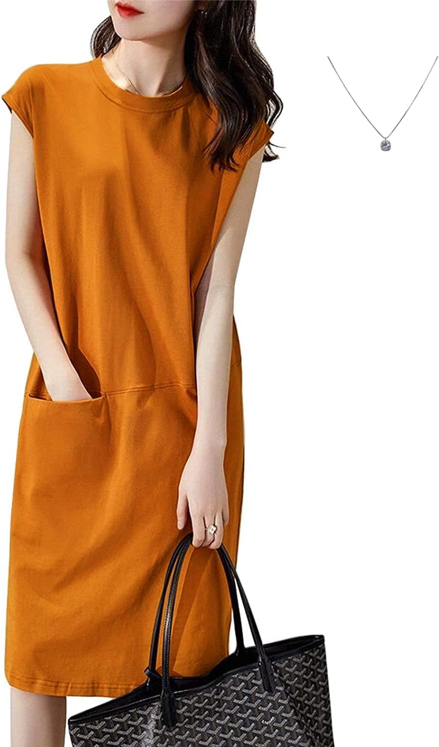[eleitchtee] LHT ワンピース レディース ノースリーブ ネックレス付き 着痩せ カジュアル フレンチスリーブ 膝丈 ポケット付き 涼しい 体型カバー 透けない 春夏秋 M-LL