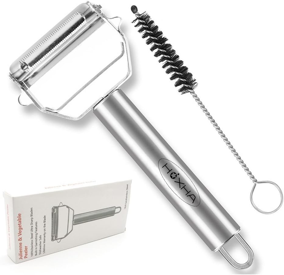 Premium Ultra Sharp Stainless Steel Vegetable Slicer 3-in-1 Julienne & Fruit Peeler By HOXHA With Cleaning Brush