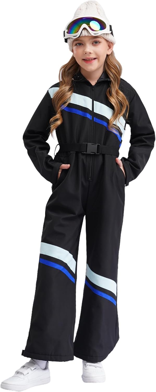Kids Girls Ski Suit One Piece Hooded Snowsuit Waterproof Snowboard Overall Jumpsuit with Belt Light Green&Black 10 Years