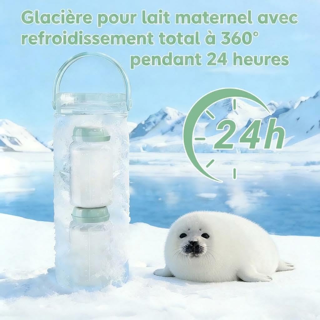 Glaciere Lait Maternel Portable, Pot Conservation Lait Maternel 600ml, Refroidissement à 360° Fraîcheur 24h, Conservation Lait Maternel Facile, Avec 2 Biberons 300ml, pour Allaitement Travail Voyages