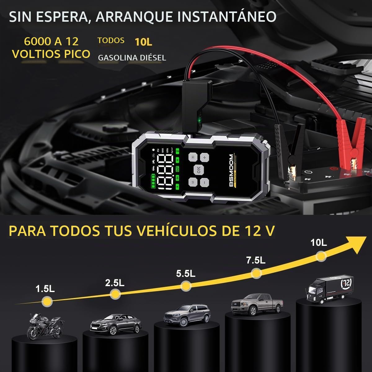6000A Booster Batterie Voiture Avec Gonfleur 150PSI,12V Jump Starter Portable Booster Batterie (Jusqu’à All GAZ Ou 10.0L Diesel) Avec 400 Lumière LED 4 Modes, Grand Écran,Charging USB-C