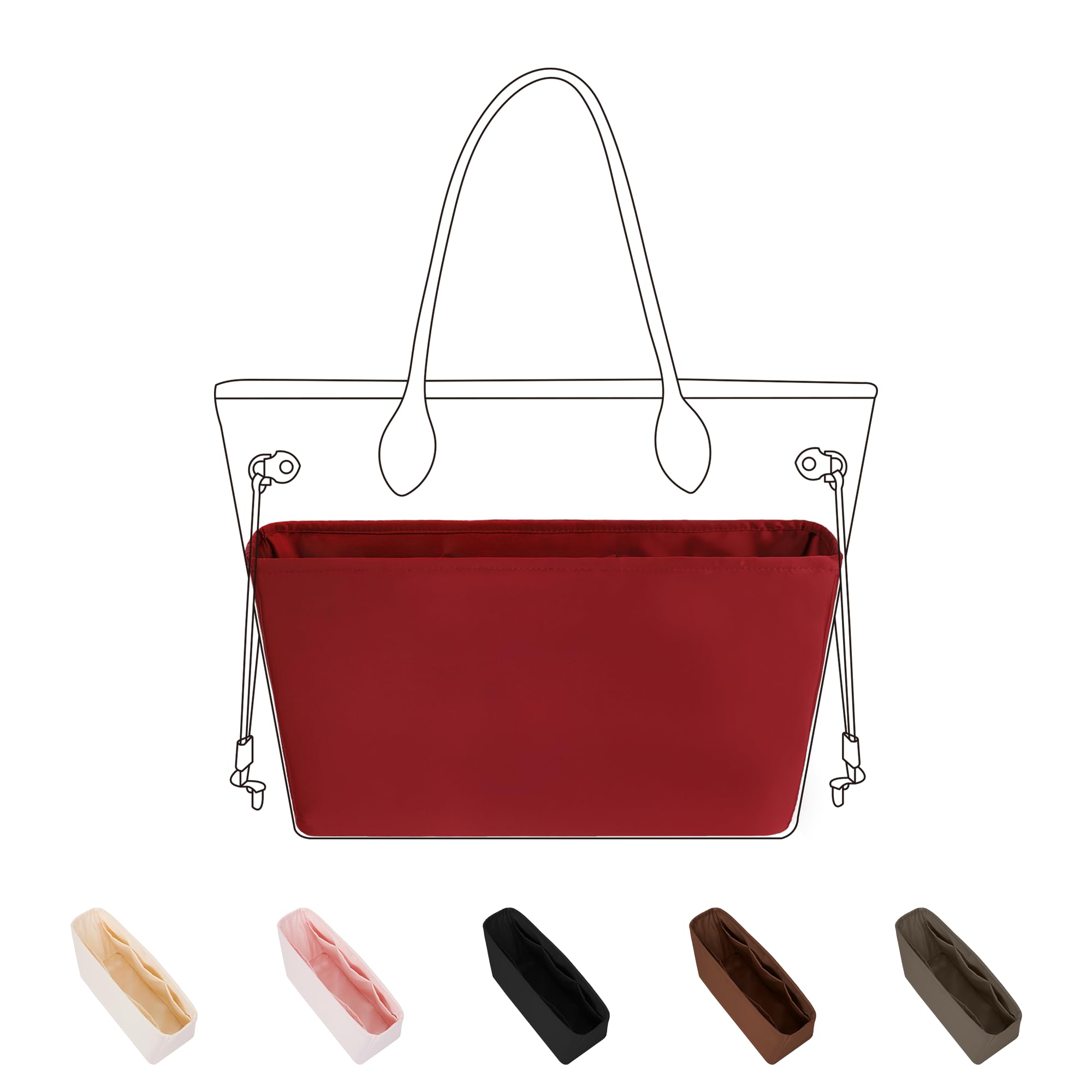 DGAZ Silk Tote Organizer Insert Fits LV Neverfull PM/MM/GM, Silky Smooth Organizer, Luxury Handbag & Tote Shaper (Wine Red, PM)