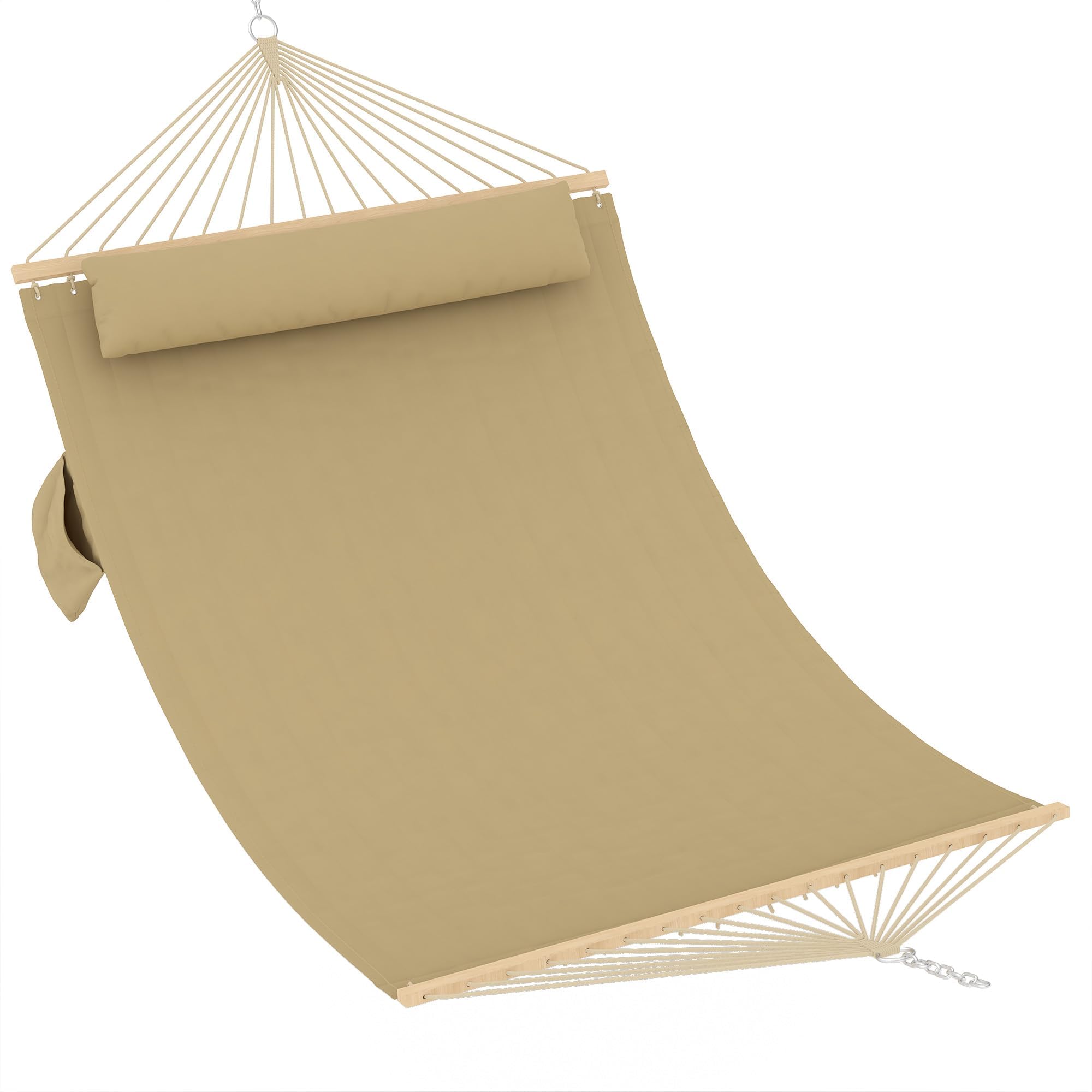 Garvee A-Tan Double Quilted Hammock For 2 Person, 3.5M Large Garden Hammock With Wooden Spreader Bar & Detachable Pillow, 204Kg Capacity Outdoor Swing Bed With Chains, Brownish-Yellow