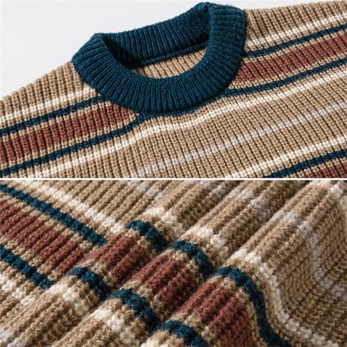Men's Vintage Sweater Oversized Cable Knit Crewneck Pullovers Casual Long Sleeve Striped Sweaters4