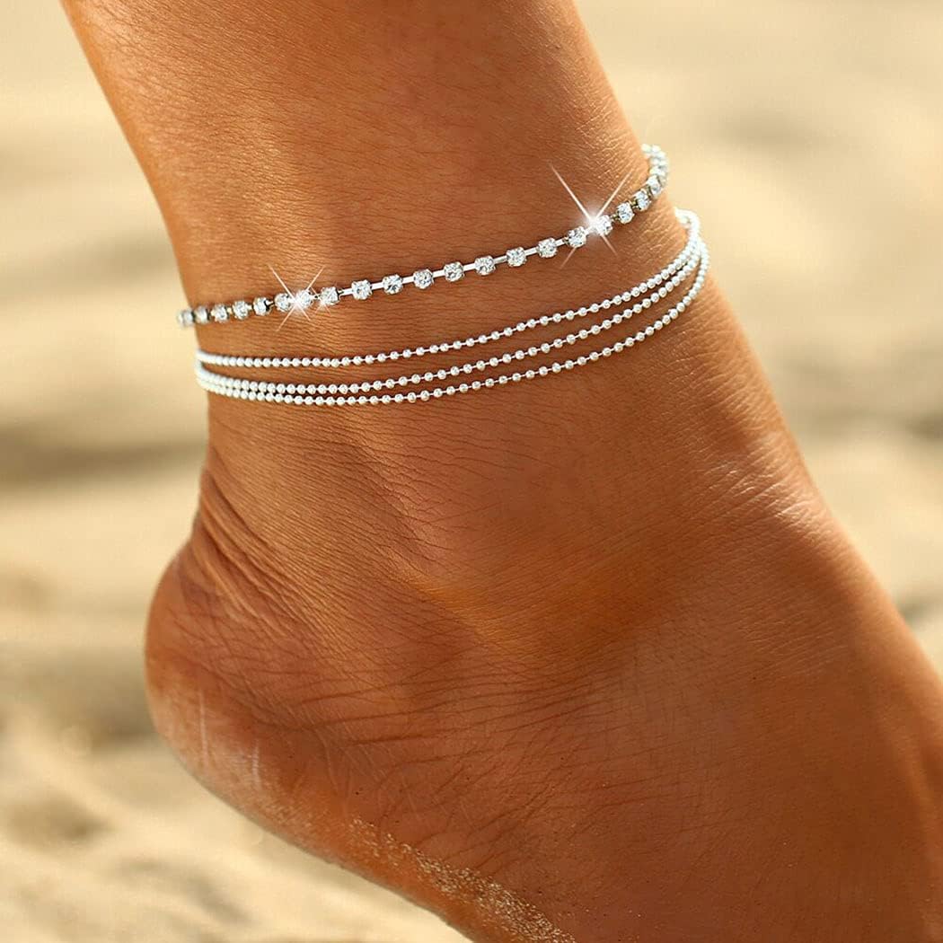 Wedity Boho Crystal Anklets Silver Multilayer Bead Chain Anklet Bracelets Beach Accessories Foot Jewelry Adjustable for Women Girls