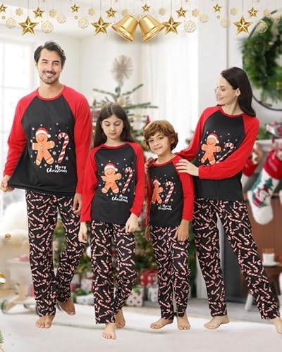 Weihnachts Schlafanzug Familie, Weihnachtspyjama Familie Set Lebkuchenmann kuschelig, Lustig Weihnachten Pyjama Familie Set Zuckerstangen Pyjama Hose, Cute Weihnachtsschlafanzüge Junge/Mädchen-14T