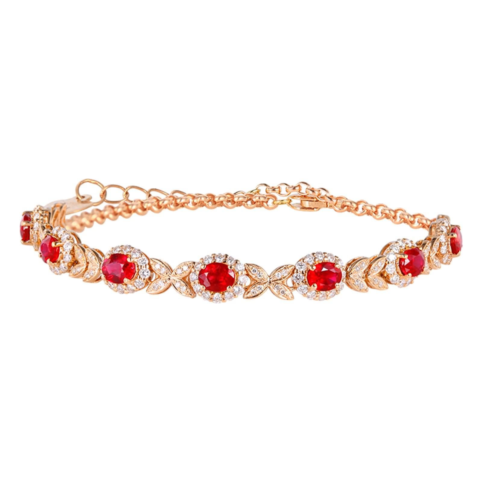 Pulseras de Mujer Oro Rosa 9 Kilates / 14 Kilates / 18 Kilates, Oval con Rubí Creado de 2.6ct y Moissanita, Cadena Extensible 16 CM + 5 CM, Pulseras de Mujer Ajustable de Oro Rosa