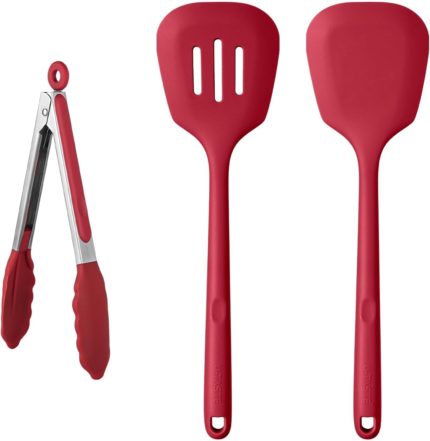 U-Taste 600℉ Heat Resistant Food Grade Non Stick Firm Cooking Tongs (9 in), and 600ºF Heat Resistant Silicone Turners, 13.6in Long Solid & Slotted Kitchen Spatula (Red)