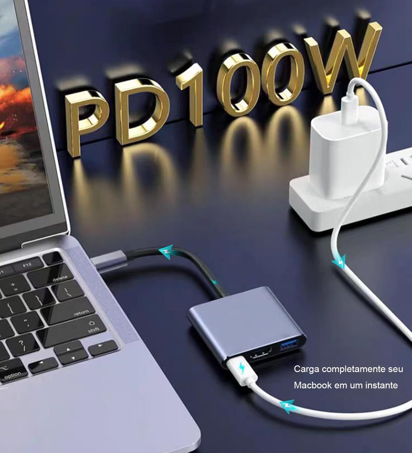 Adaptador USB-C 3 em 1, Hub HDMI 4K, USB 3.0, Carregamento Rápido, Compatível com MacBook e DEX Android, Cinza