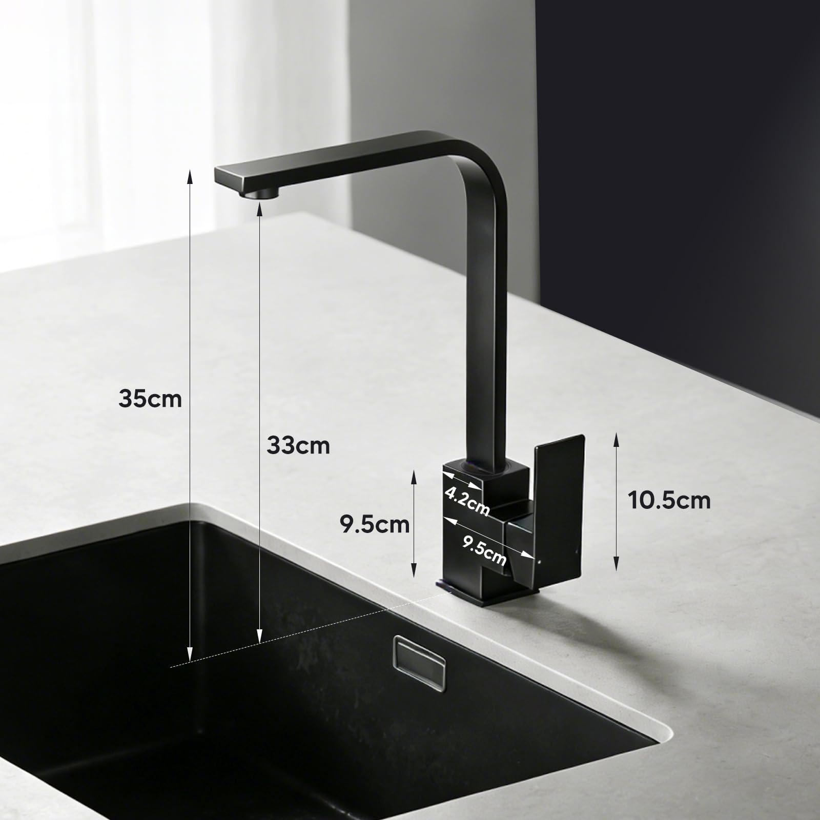 Peppermint Grifo de cocina cuadrado negro monobloque negro mate para grifos mezcladores de cocina, 1 agujero, grifo mezclador de fregadero de una sola palanca, grifo plano moderno para debajo de
