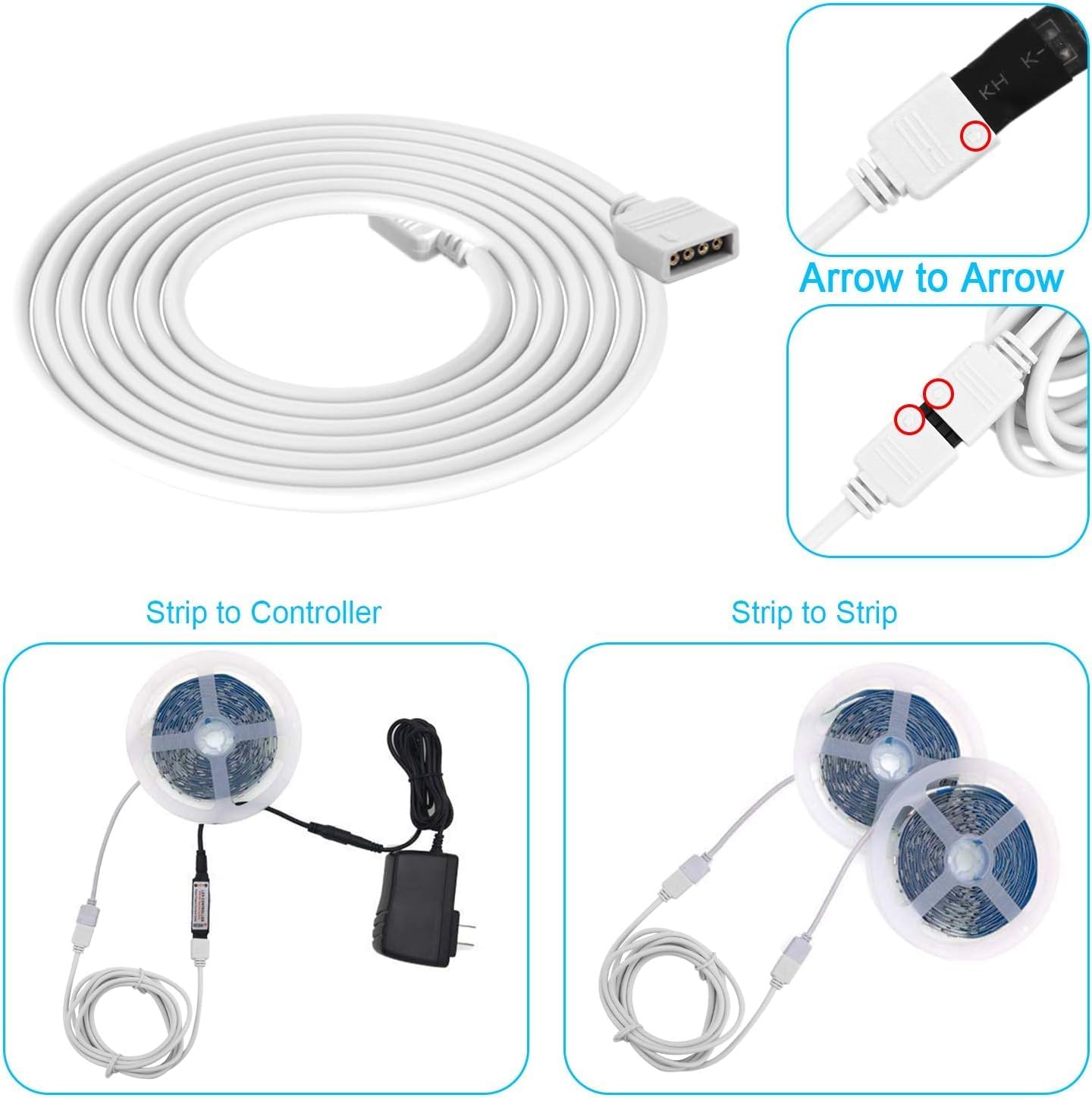 53pcs LED Strip Connector 4 Pin 8mm 3528 2835 RGB Rope Light Connector Kit, LED Strip Extension,2-in-1 Distributor,Gapless Solderless, L Shape PCB,Jumper Connectors for Controller