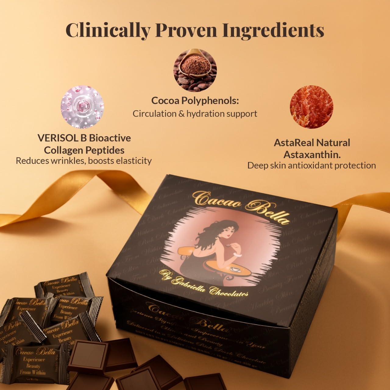Cacao Bella®️ Clinically Proven Collagen Supplement Dark Chocolate Bars, 2,500 mg VERISOL® Bioactive Peptides, 4 mg AstaReal® Astaxanthin & Cocoa Flavanols, Supports Skin Elasticity, Hair & Nails