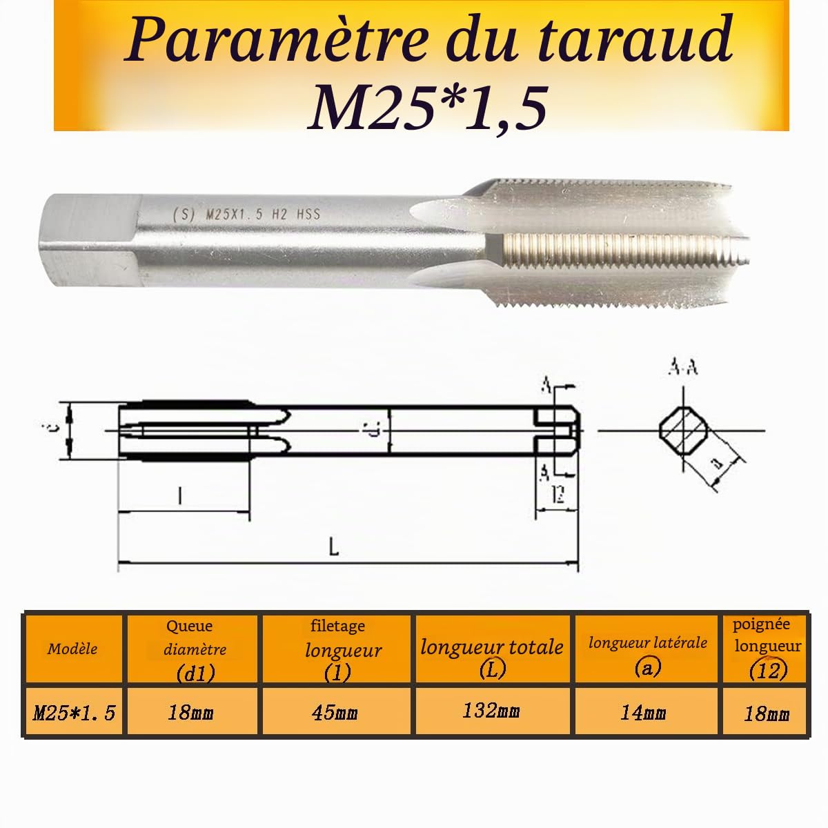 1 taraud M25 × 1,5 métrique HSS filetage à droite.