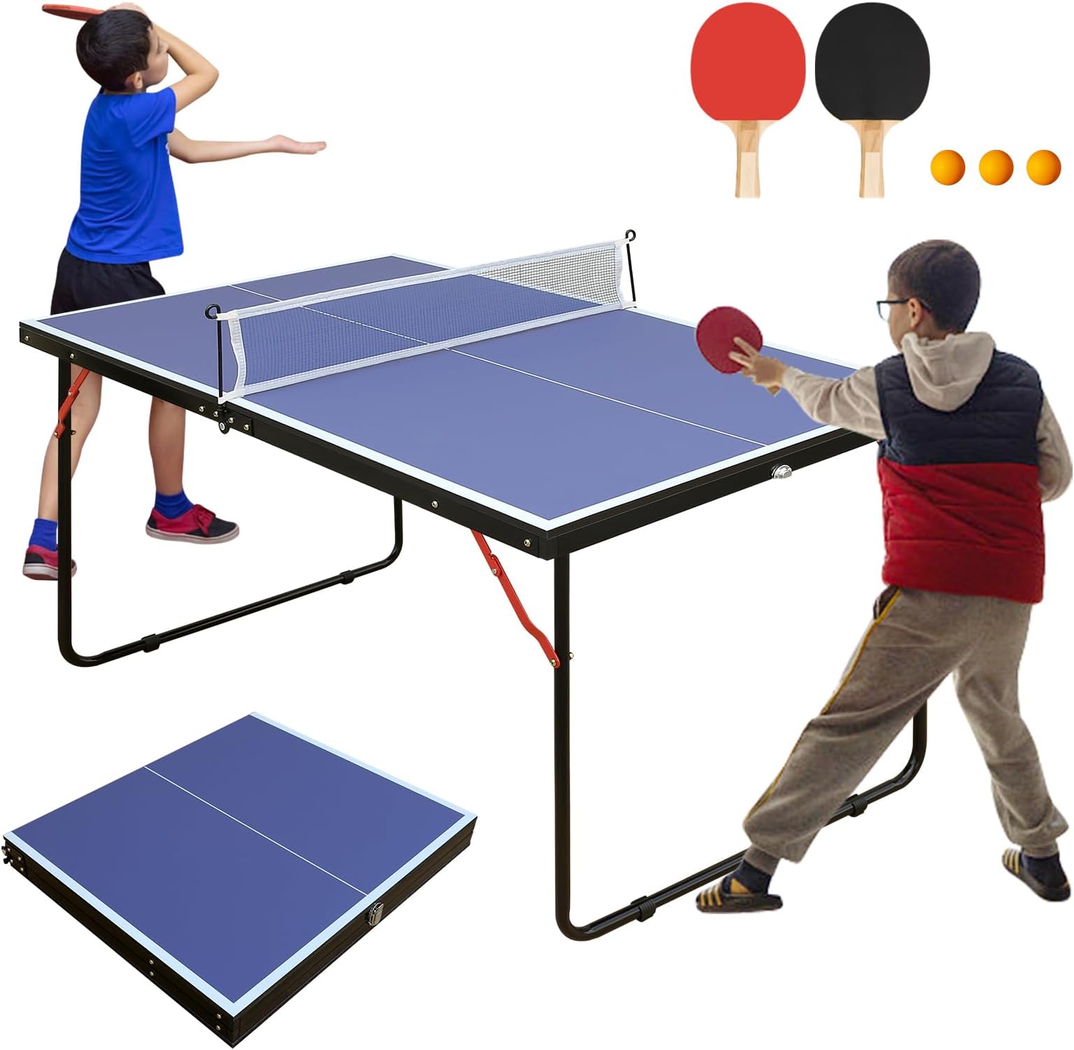 4.5/6ft/9ft Mid-Size Portable Ping Pong Tables Set, Foldable Table Tennis Table with Net,2 Paddles & 3 Balls, Multi-Use Free Standing Ping Pong Table for Indoor/Outdoor