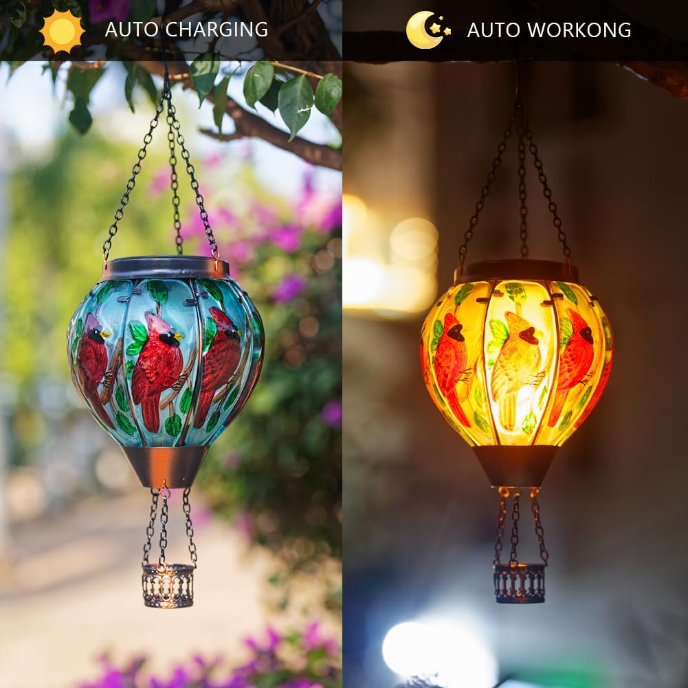 2 PCS Cardinal Hot Air Balloon Solar Lantern with Flickering Flame Light,Glass Hanging Solar Lights Outdoor Waterproof for Patio Yard Party Gift Decor