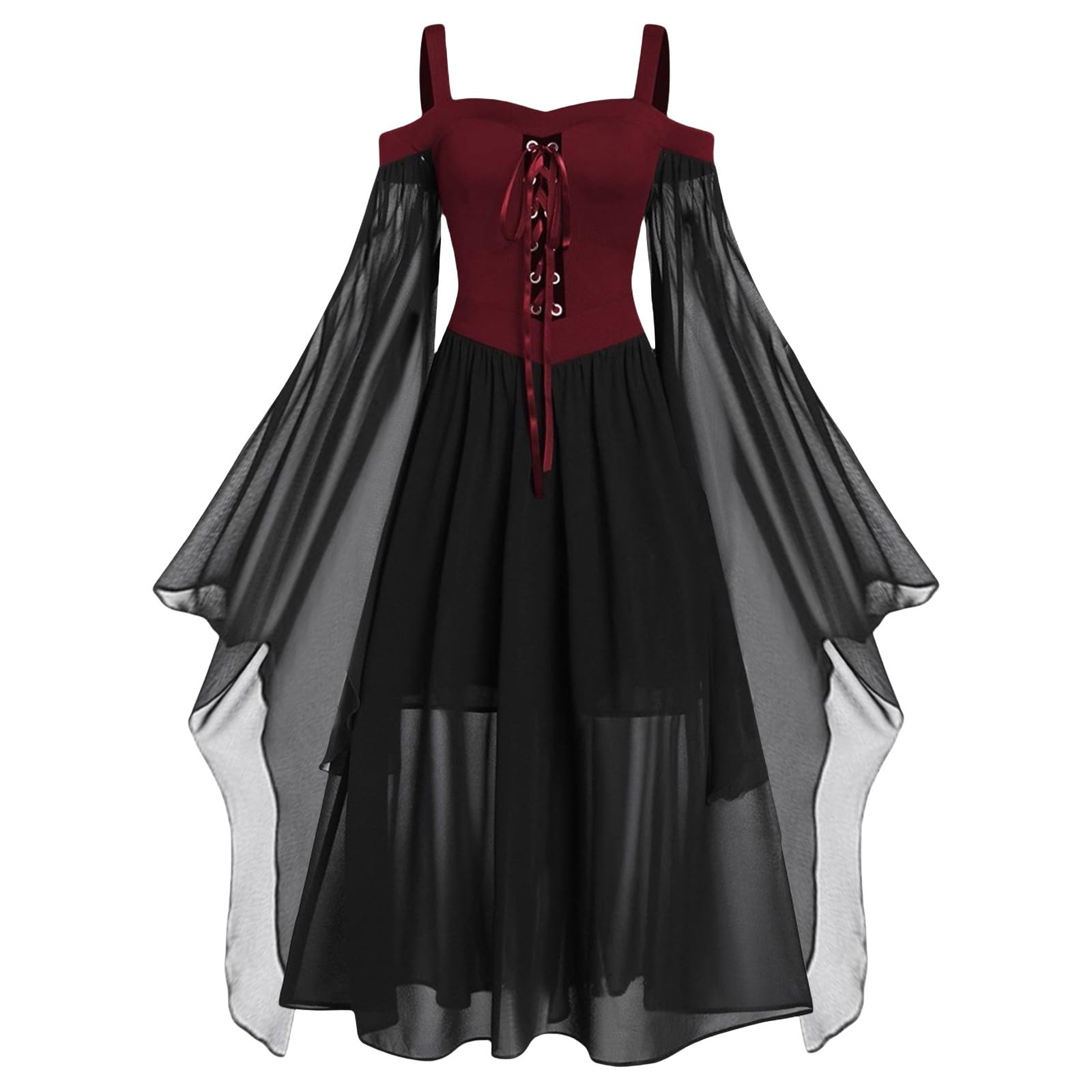 Nuoke Halloween Costumes Women's Butterfly Sleeve Sexy Lace Gothic Dresses Medieval Dress for Carnival Halloween Party Dark Gray