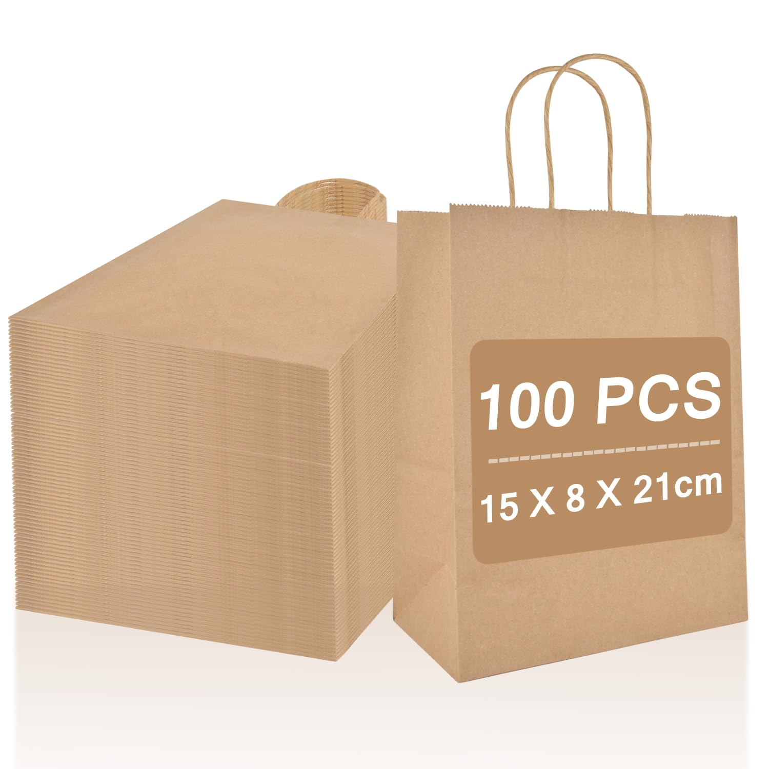 CLTPY 100pcs Brown Paper Bags with Handles,15x8x21cm Small Gift Bags,Eco-Friendly Kraft Bags for Party,Christmas,Thanksgiving,Christian,Birthday,Wedding,Candies,Shopping