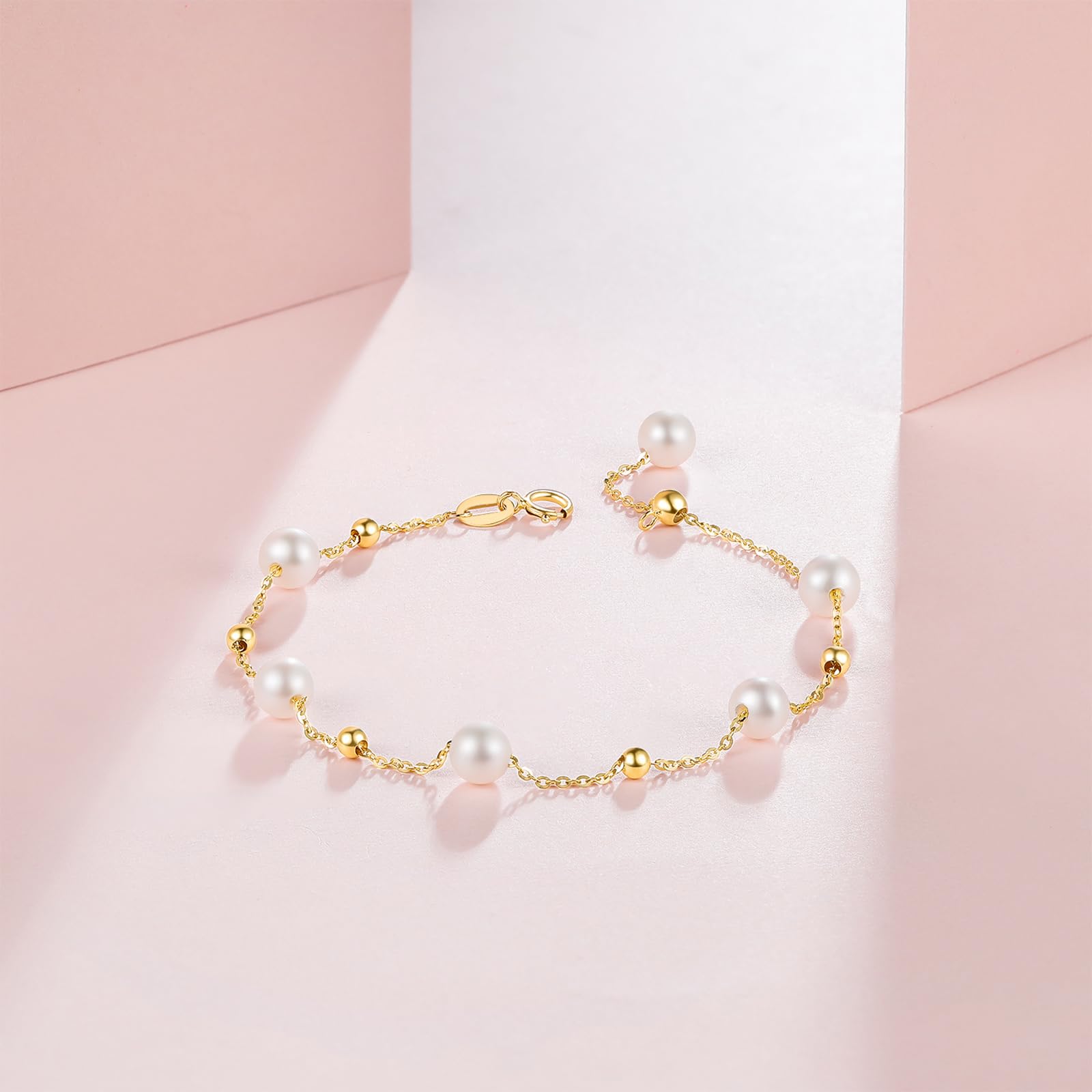 18K Gold Süßwasserperlen Chain Armband 750er Gelbgold Weiß Perlen Link Armbänder Schmuck für Damen Braut Ehefrau Mutter Liebhaber Geschenk Hochzeitstag Valentinstag Geburtstag Jahrestag 16/17/18/19cm