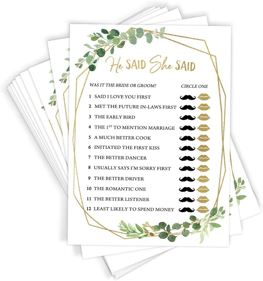Printed Party Bridal Shower Games – He Said She Said Game with Fun Bride and Groom Trivia, Wedding Shower Activity, Botanical Greenery Theme, 50 Guests