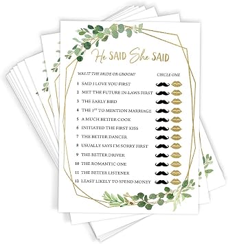 Printed Party Bridal Shower Games He Said She Said Game with Fun Bride and Groom Trivia, Wedding Shower Activity, Botanical Greenery Theme, 50 Guests
