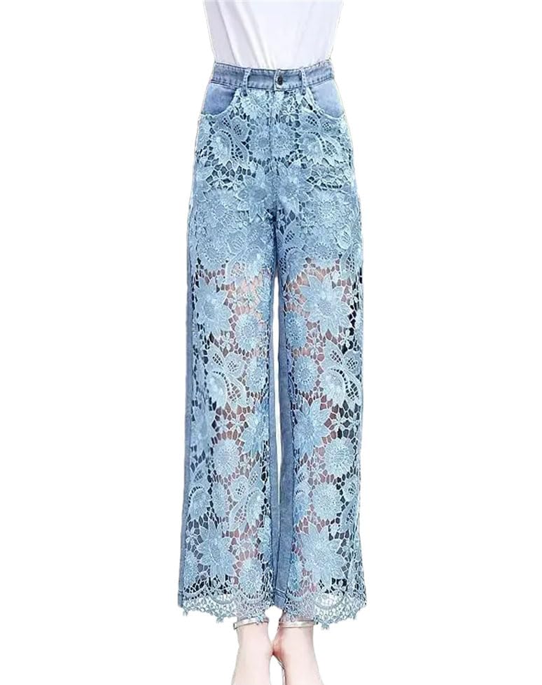 High Rise Denim Pants for Women Lace Patchwork Hollow Out Fashion Elegant Jeans Casual Loose Summer Pants